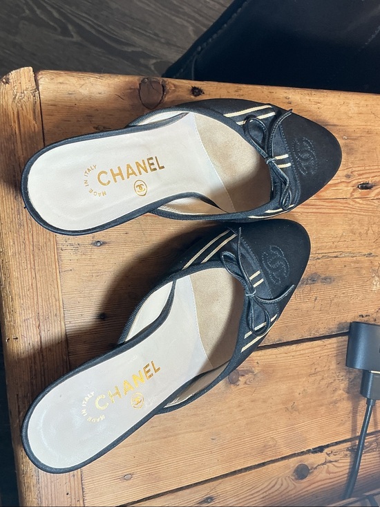 CHANEL Shoes - CHANEL vintage Black suede and satin Slip-On Mules with Gold Logo